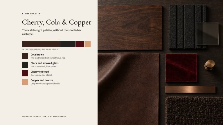 Palette for a watch-night living room: walnut, cola-brown leather and a brown wool rug dominate, with a black felt panel, smoked glass, one oxblood velvet swatch and a strip of copper, beside swatches in proportion.