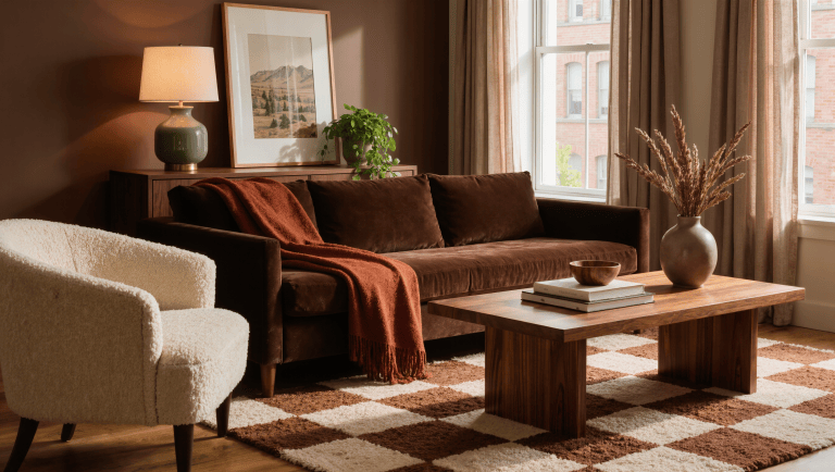 A rental living room in chocolate brown, rust, mushroom, sage, and cream with a velvet sofa and checkerboard rug in warm daylight.