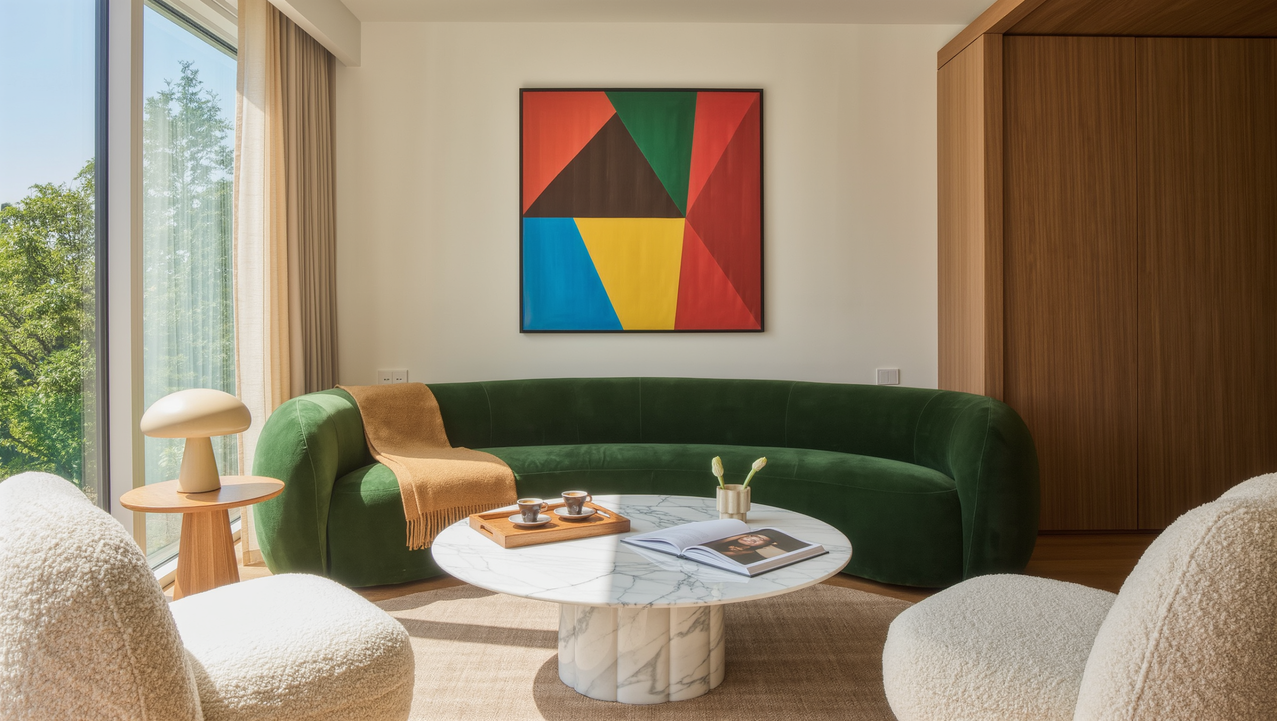 A bright living room with a round marble coffee table centered between a forest-green sofa and curved boucle chairs with generous clearance.