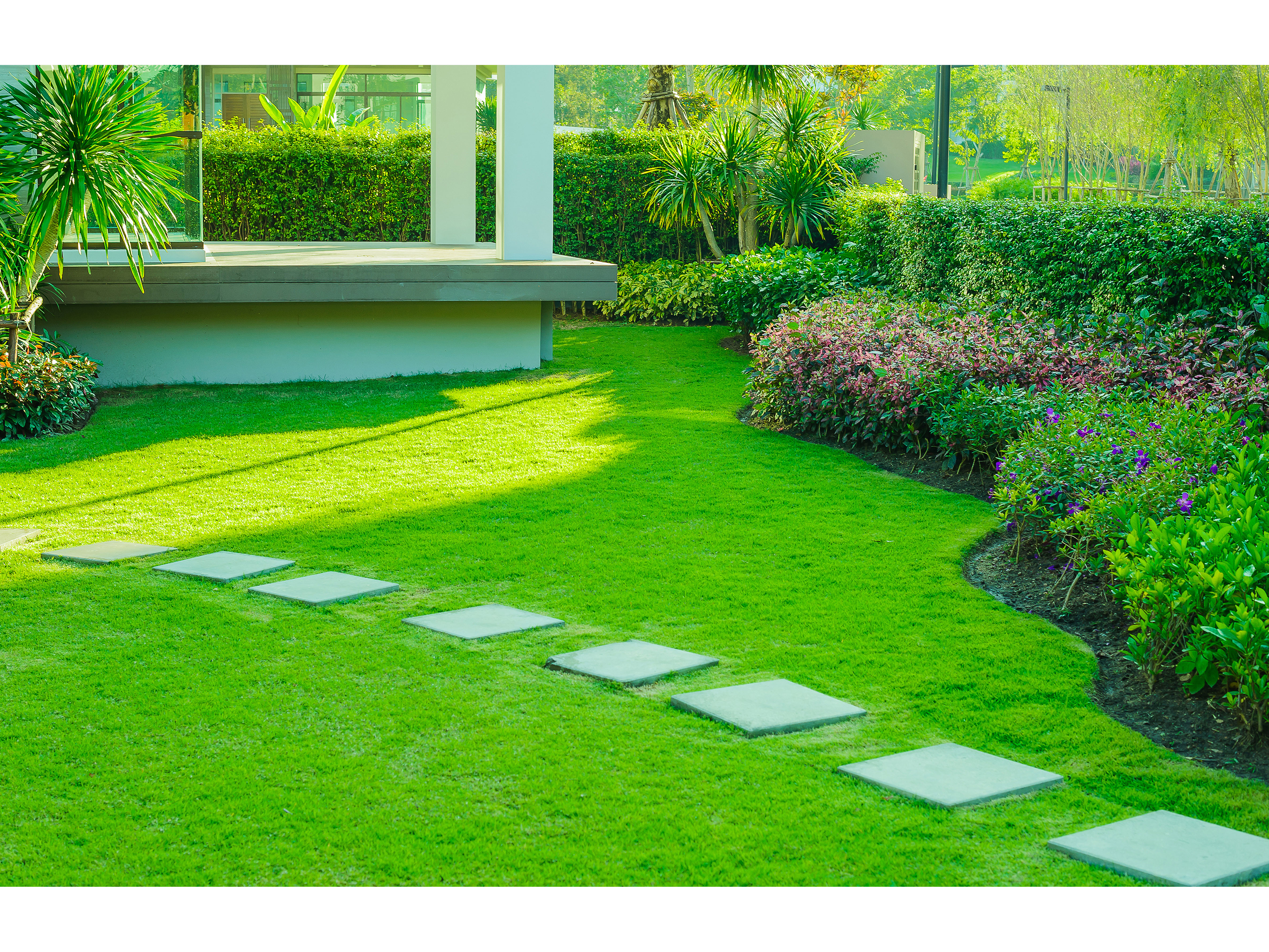 A lush, richly manicured lawn edged by a dense flowering border and a stepping-stone path leading toward a modern outdoor living pavilion.