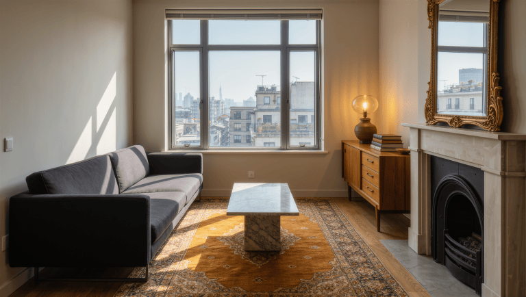 A modern living room mixing a charcoal sofa with a patinated teak sideboard, worn Persian rug, and a gilded antique mirror in clear daylight.