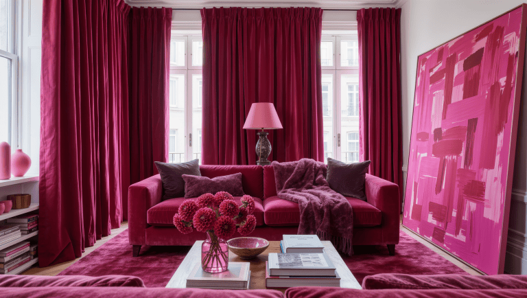 A rental living room color-drenched in raspberry through curtains, sofa, rug, and art, with untouched white ceiling and trim.