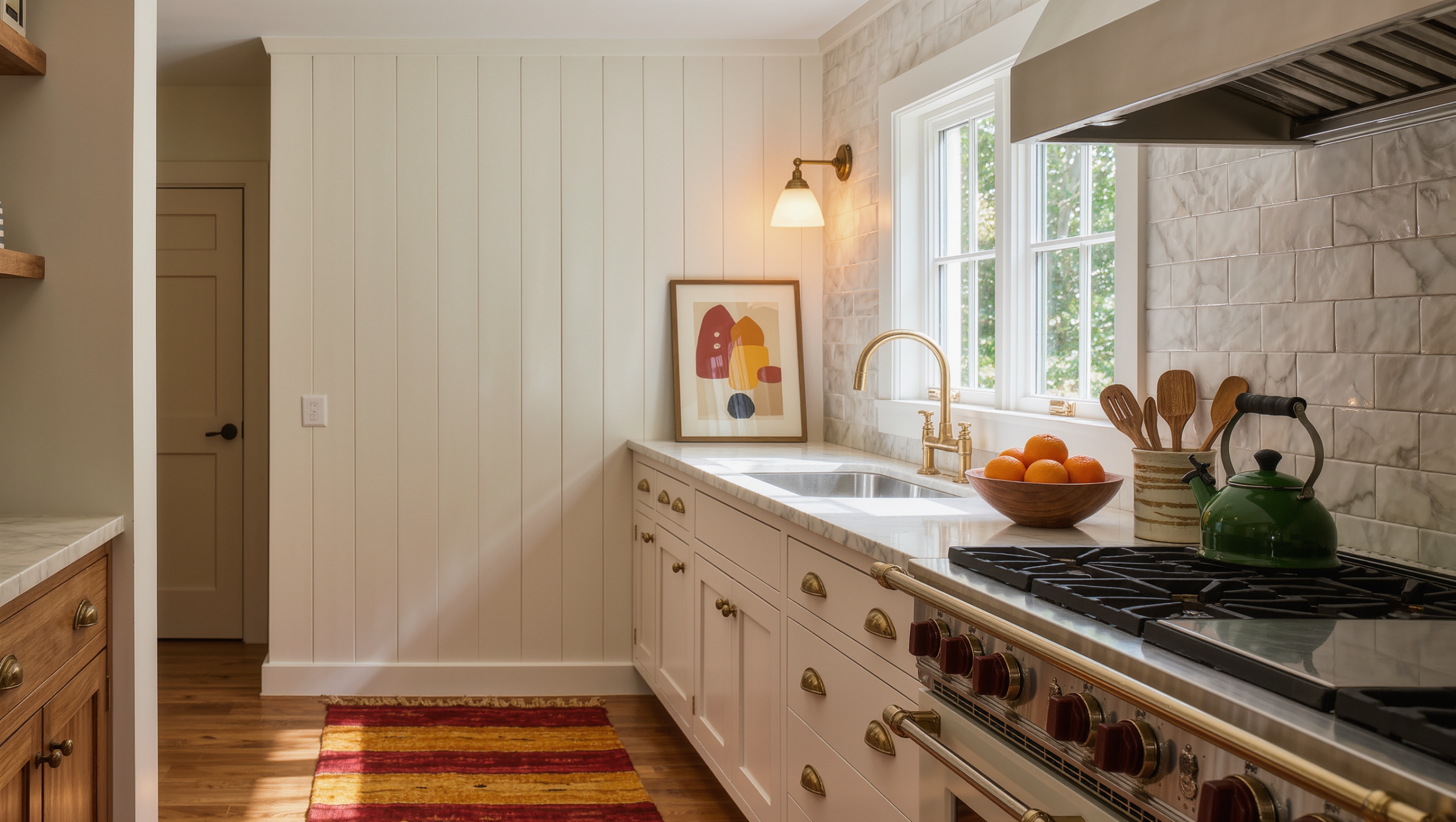A white rental kitchen warmed by brass hardware, a striped runner rug, a leaning framed print, and a green enamel kettle in midday light.