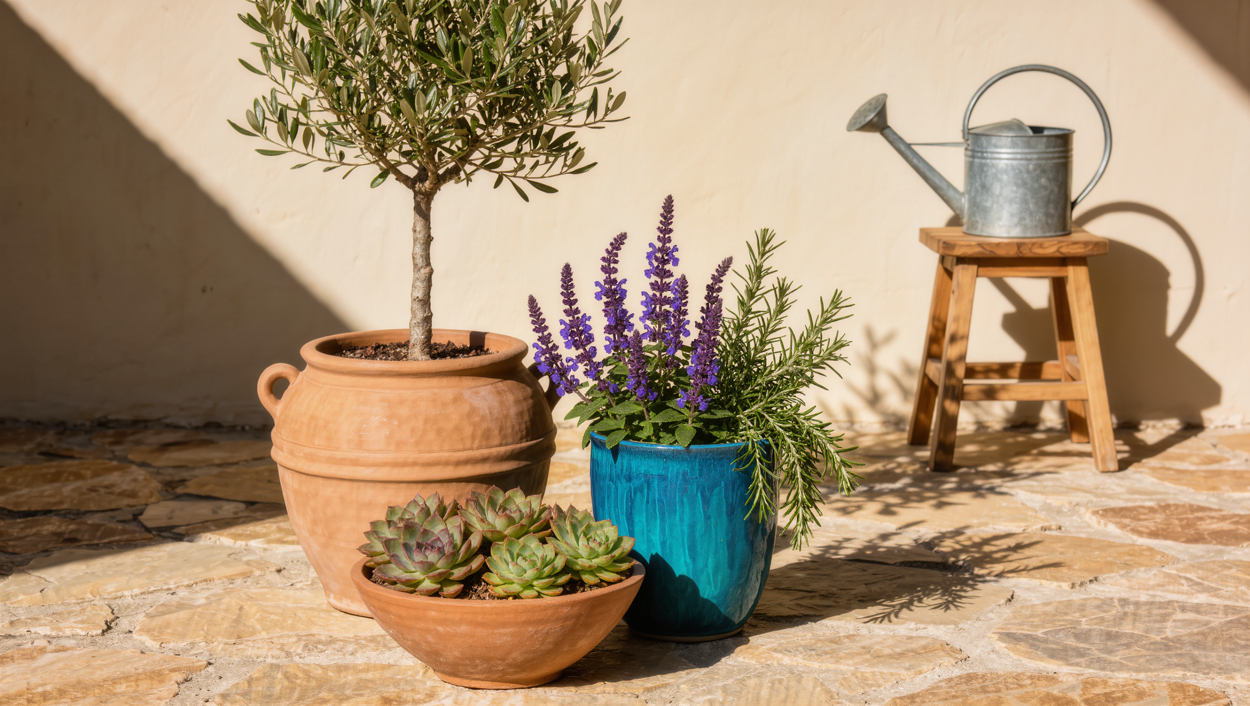 A stone patio with three containers composed in a staggered triangle: a large terracotta urn with an olive tree, a peacock-blue pot, and a low succulent bowl.