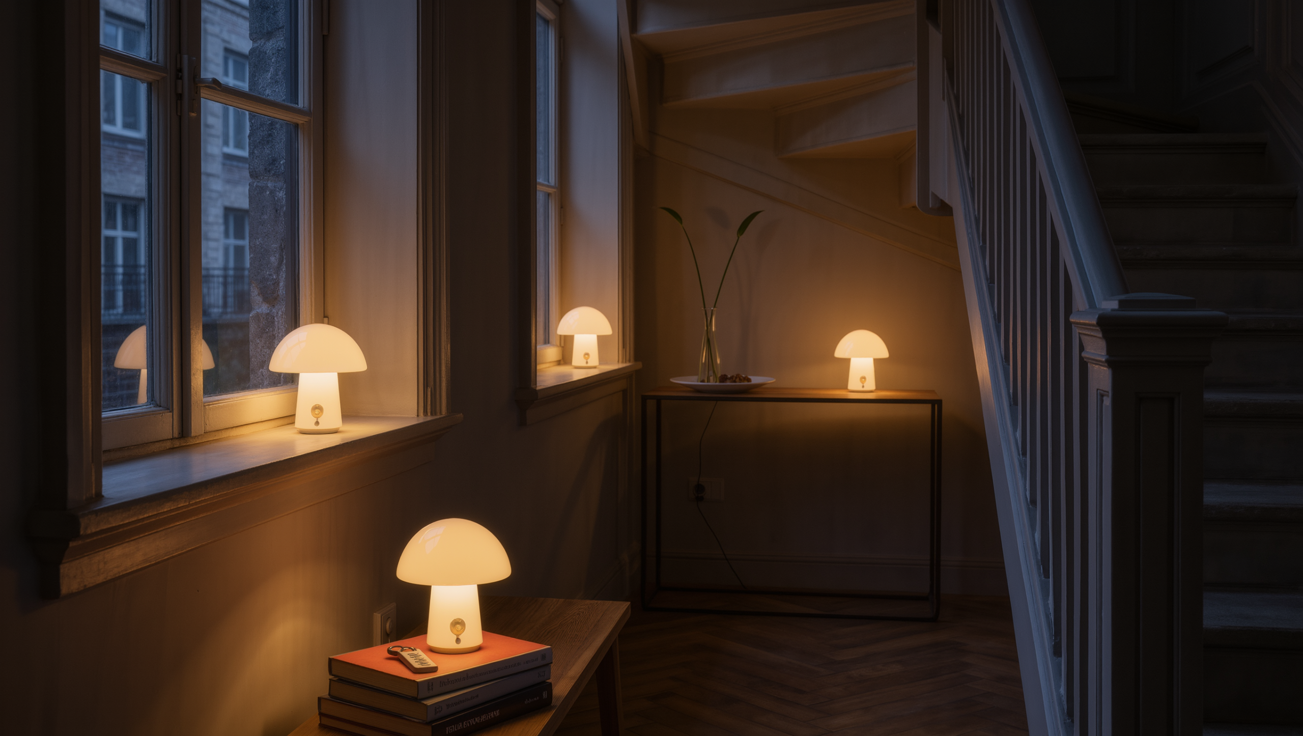An evening hallway and stair landing lit by three small cordless rechargeable lamps on a windowsill, console, and book stack.