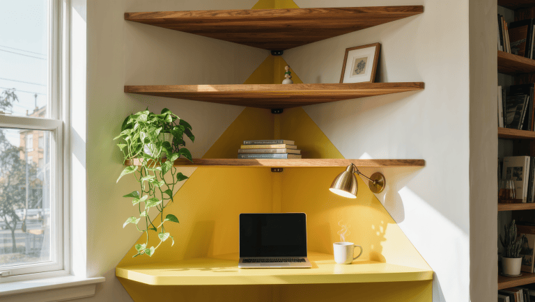 Three floating triangular oak shelves spanning a wall corner above a butter-yellow desk, each shelf deliberately underfilled.
