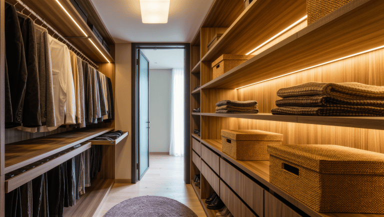 A bright walk-in closet with full-extension pull-out clothes rails, woven storage boxes on open shelves, and clear turning space.