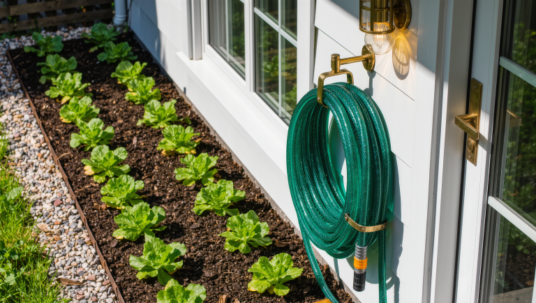 A defensible garden zone beside a house foundation with well-spaced plantings and a gravel border