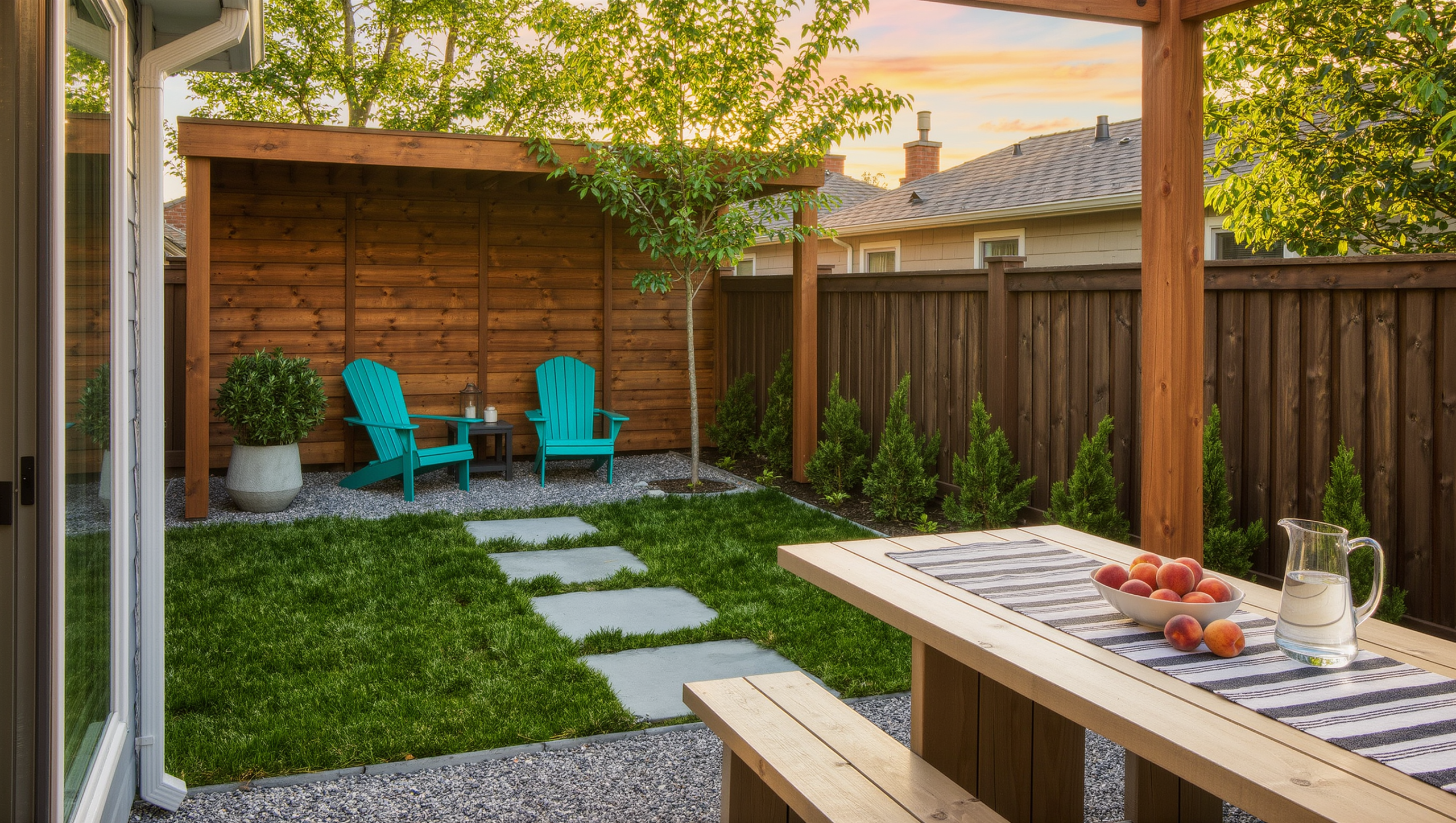 A backyard organized into zones: a gravel dining terrace with a plank table, a stepping-stone route, and a reading corner with teal chairs under a tree.