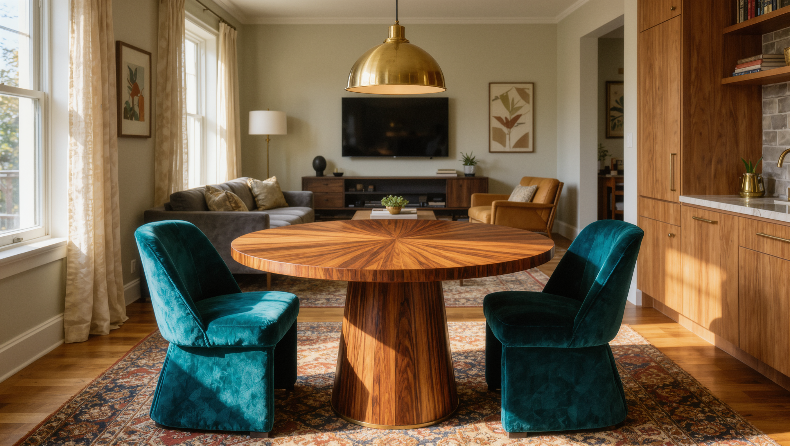 A round walnut dining table with teal velvet chairs pulled fully out, open to the living room's sofa across a shared floor.
