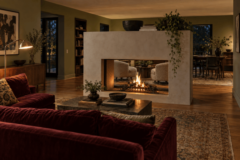A low freestanding plastered fireplace open on both faces divides an open room, with an oxblood velvet sofa on the near side and a dining area visible through and over the top of the opening