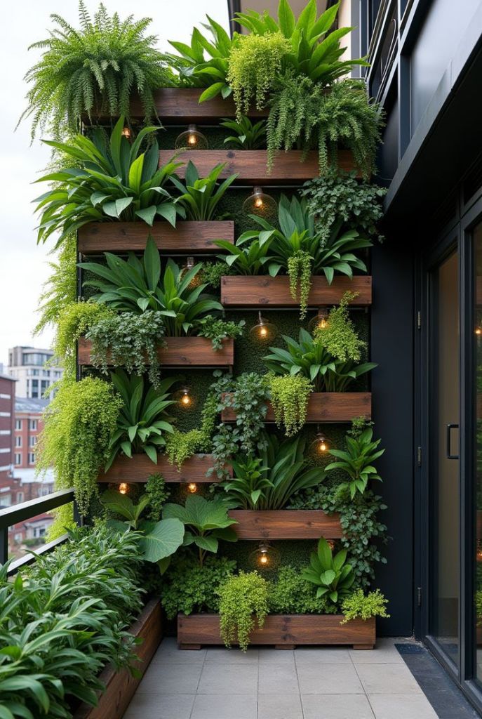 Staggered timber planters packed with ferns and trailing plants on a black balcony wall