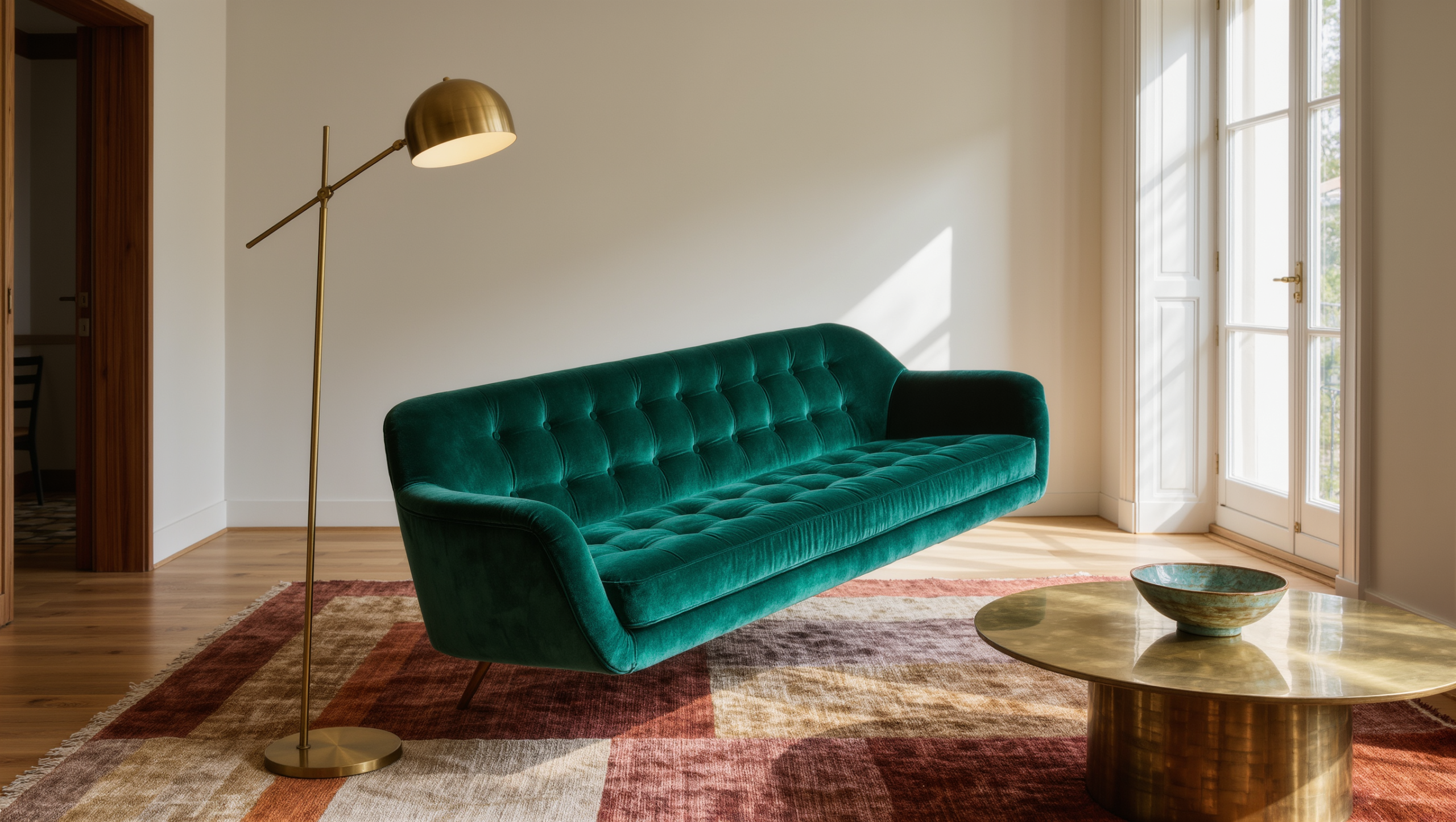 A small jewel-toned emerald velvet sofa floating on a layered rug centered in a room, clear of two visible doorways on either side.