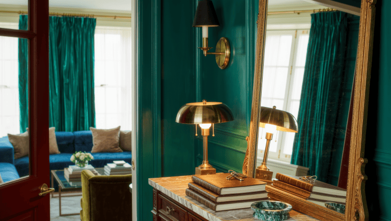 A marble entry console with brass lamp and books sits in the doorway sightline of a jewel-toned living room.