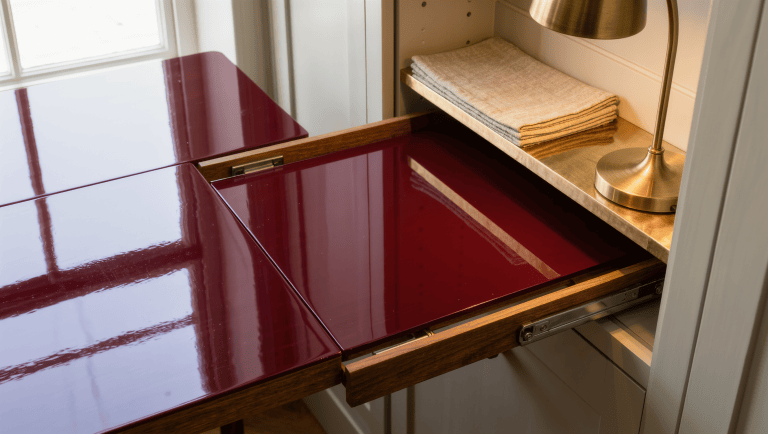 A burgundy lacquer extension table with its hidden leaf and a relocated brass lamp nearby