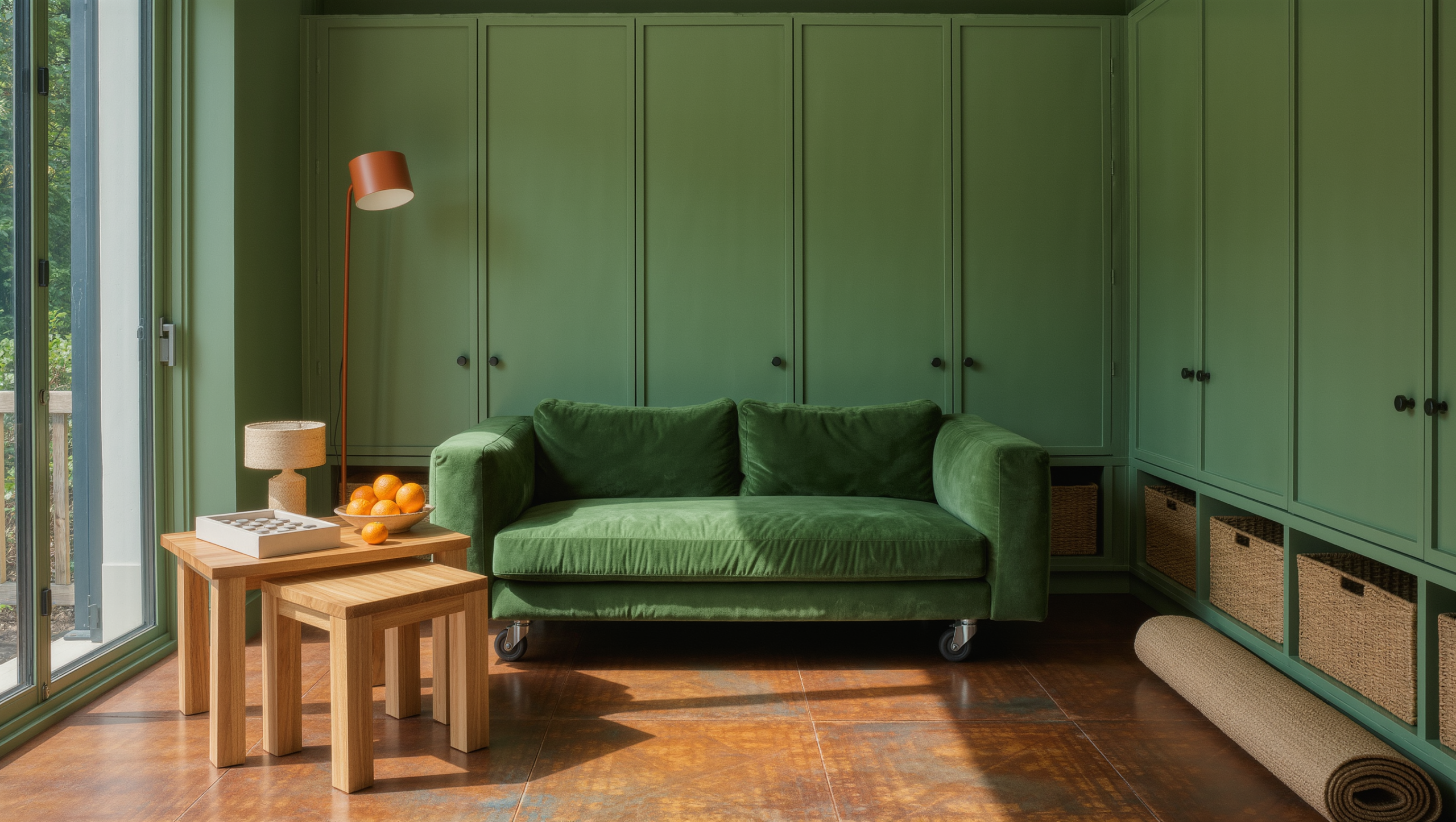 A flexible family room with a modular forest-green sofa on casters, nesting oak tables, closed storage cabinets, and bright midday daylight.
