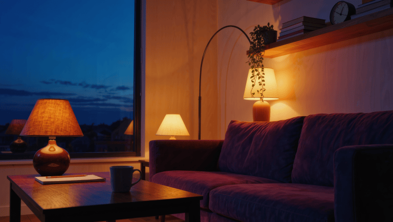 An evening living room with the ceiling light off, two table lamps and a floor lamp carving warm zones around a plum sofa, dusk sky in the window.