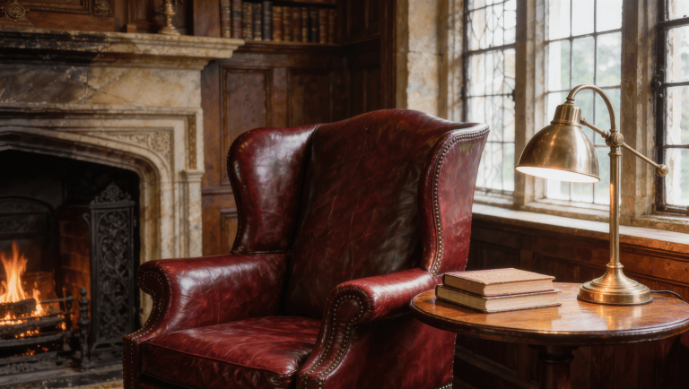 A stone fireplace surround with a leather wingback chair and brass reading lamp in a library corner