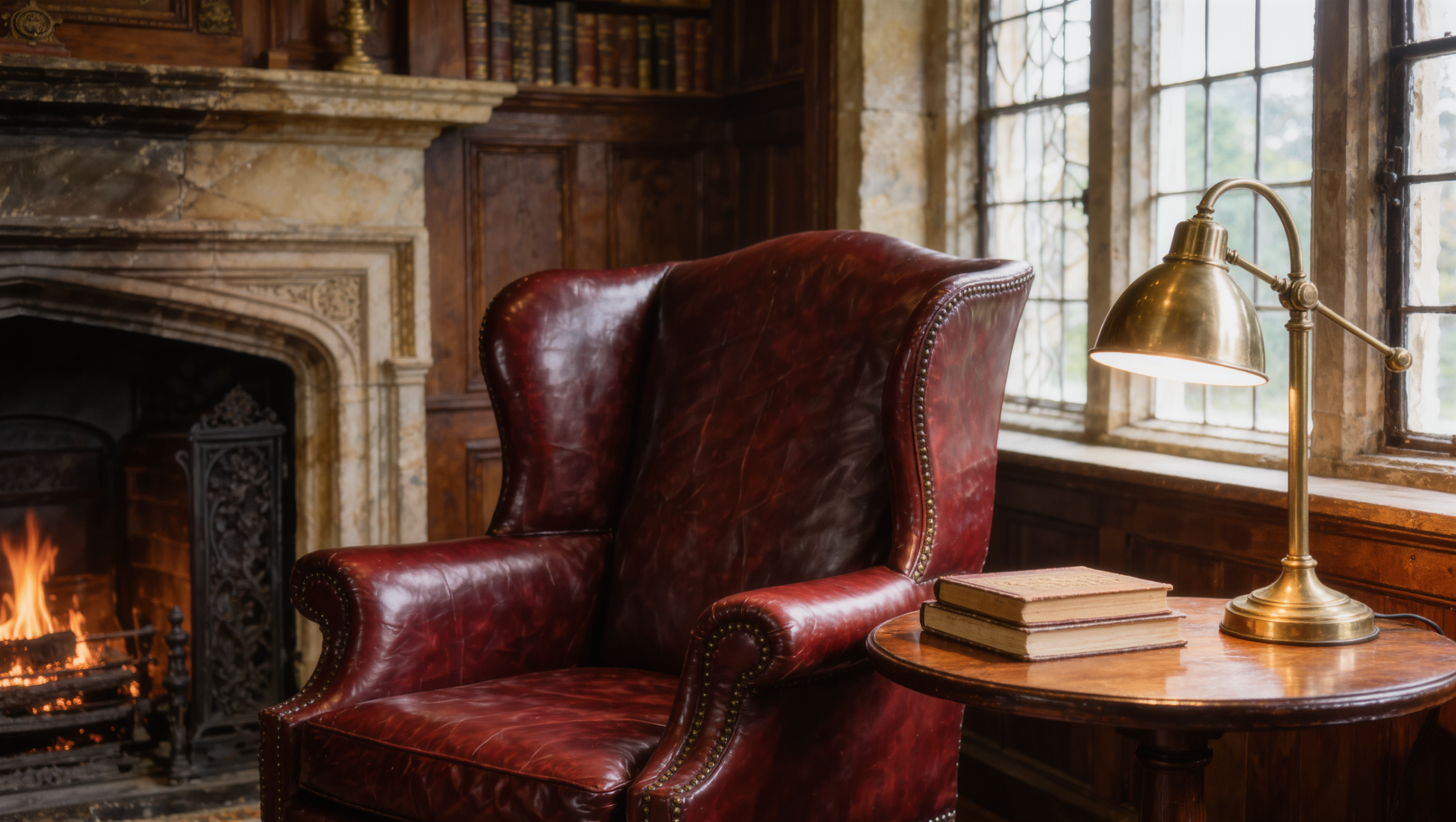 A stone fireplace surround with a leather wingback chair and brass reading lamp in a library corner