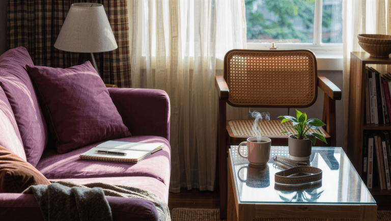 A calm morning living room with a dusty-plum sofa, an open notebook on its arm, and a clear oak coffee table holding a steaming coffee.