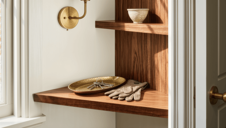A floating walnut corner shelf with a brass tray of keys on the lowest tier