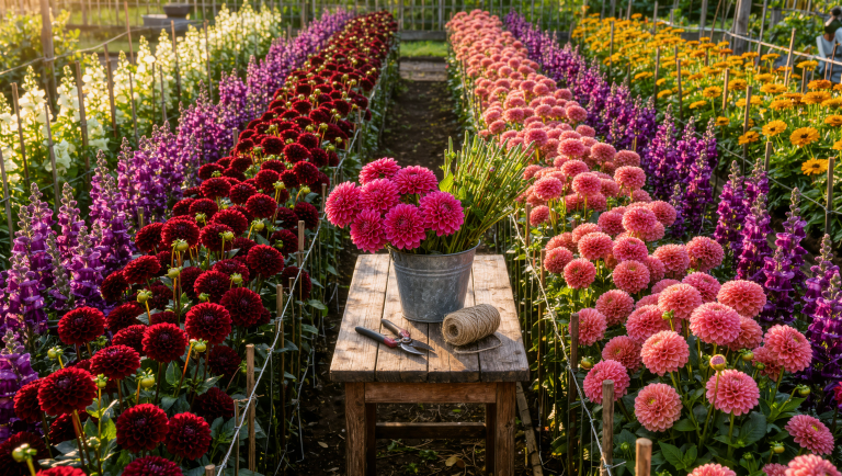 A cutting garden with tidy rows of dahlias, snapdragons, and zinnias, and a table at the row's end holding a bucket of cut stems and snips.