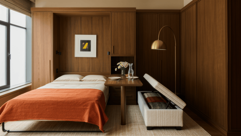 A studio apartment with a walnut wall bed folded flush, an extended console dining table, and a storage ottoman in daylight.