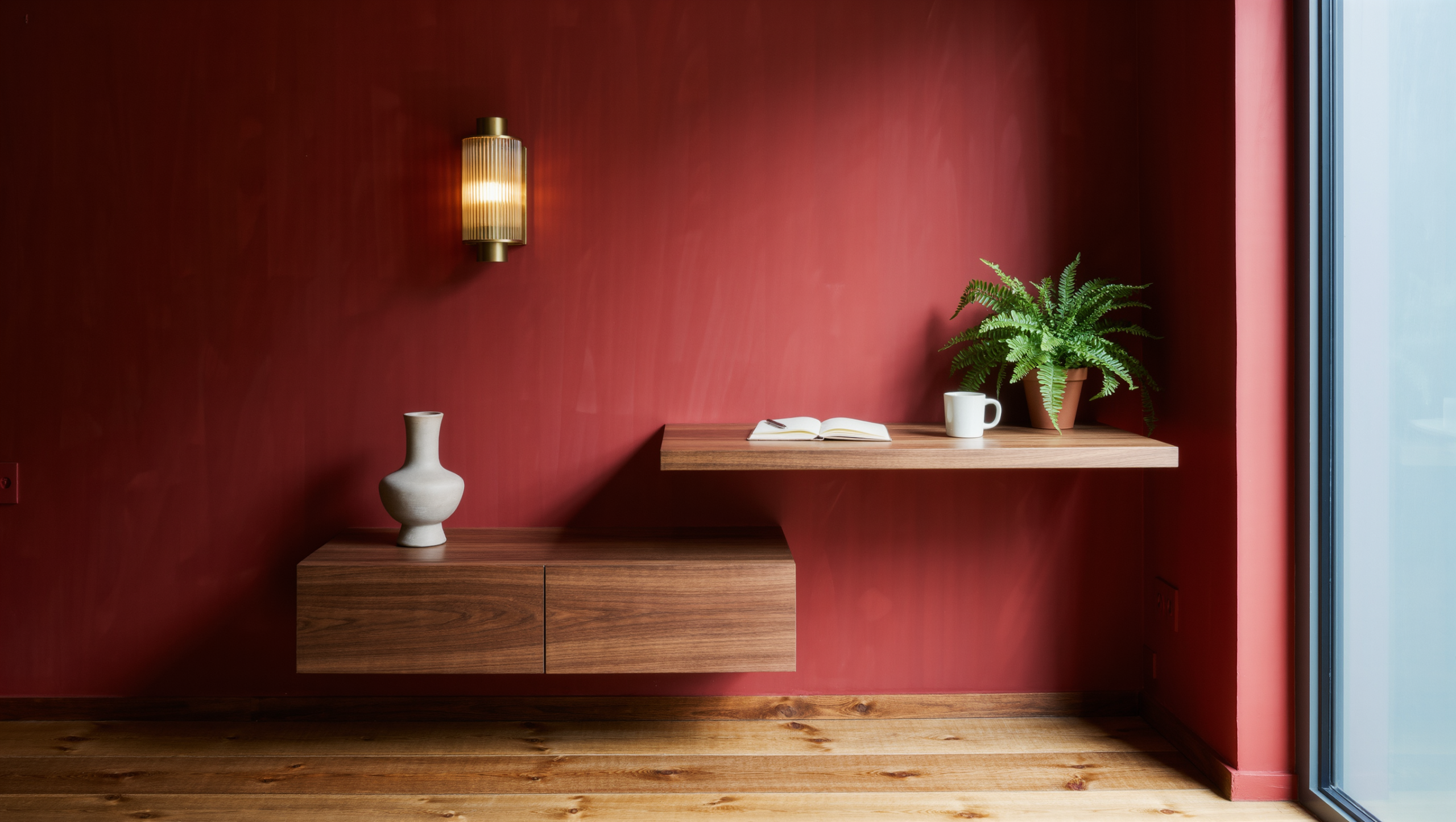 Floating walnut desk and storage bench mounted on an oxblood-red wall with a clear wood floor below
