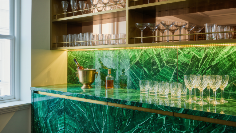 Crystal glasses line the edge of an emerald marble bar counter near the mixing zone.