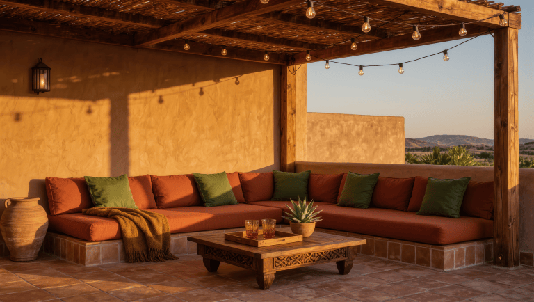 A terrace lounge in golden afternoon light with a rust-orange sofa, carved wood coffee table, and cafe bulbs strung under a timber pergola.