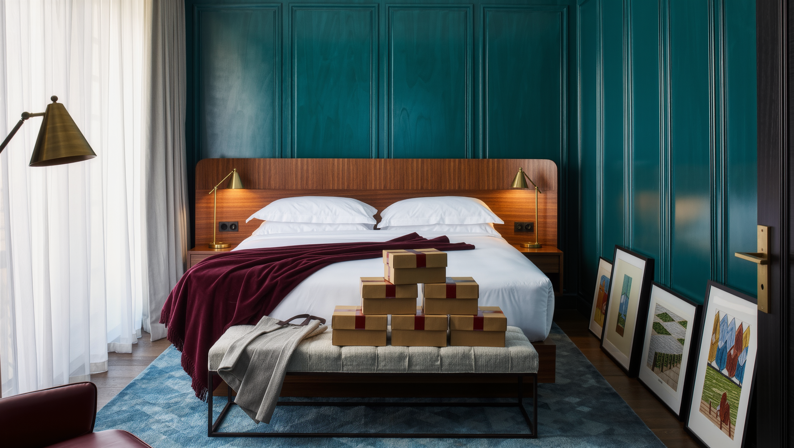 Bright guest room with teal walls, walnut bed in pressed white linens, and a bench at its foot stacked with unopened boxes and a garment bag.