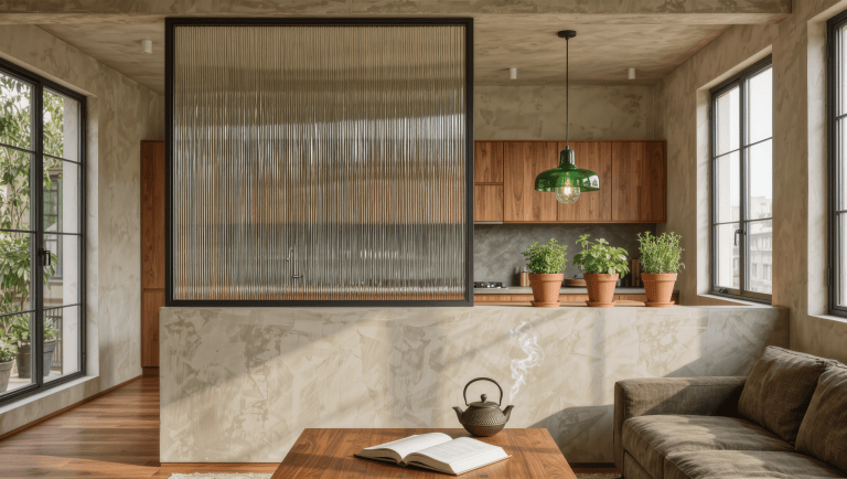 A plastered half wall topped with a reeded-glass steel screen separating a kitchen from a sitting area while daylight passes through.