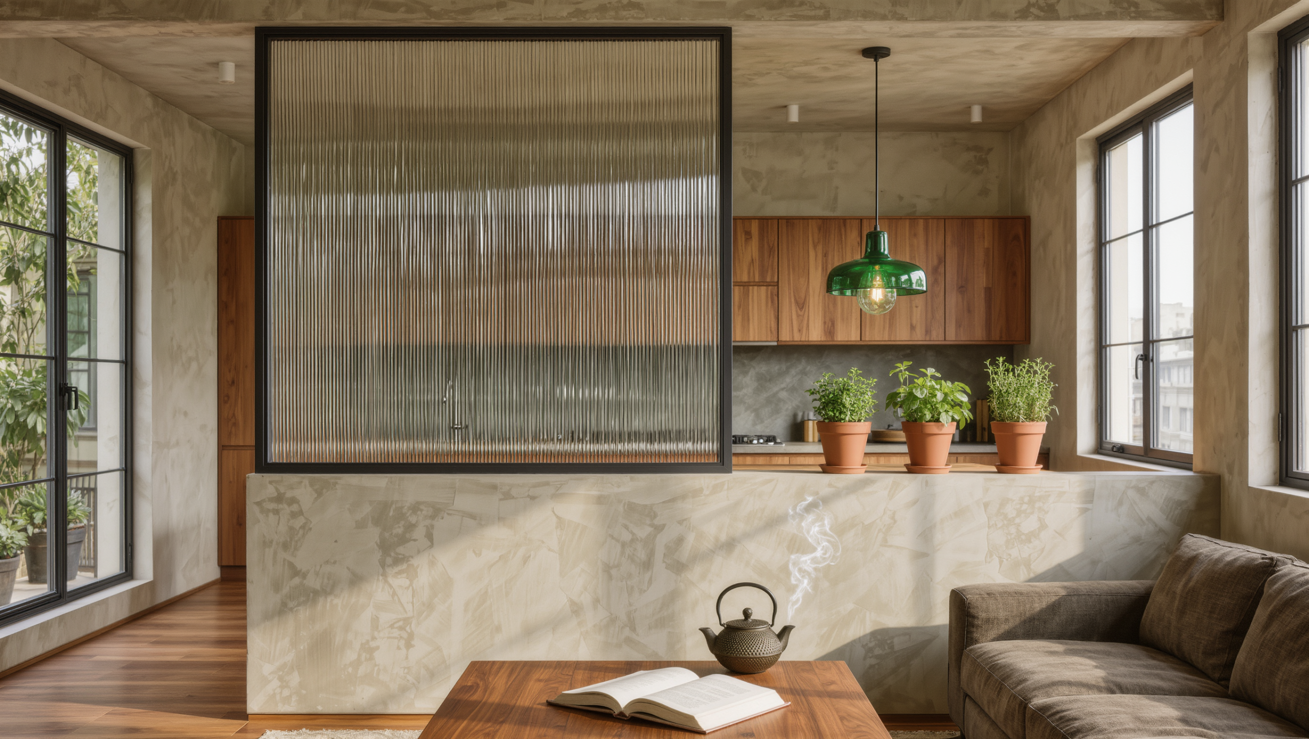 A plastered half wall topped with a reeded-glass steel screen separating a kitchen from a sitting area while daylight passes through.