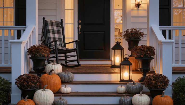 Elegant Halloween porch at dusk with heirloom pumpkins in white, sage, and orange, dried florals, and enclosed storm lanterns