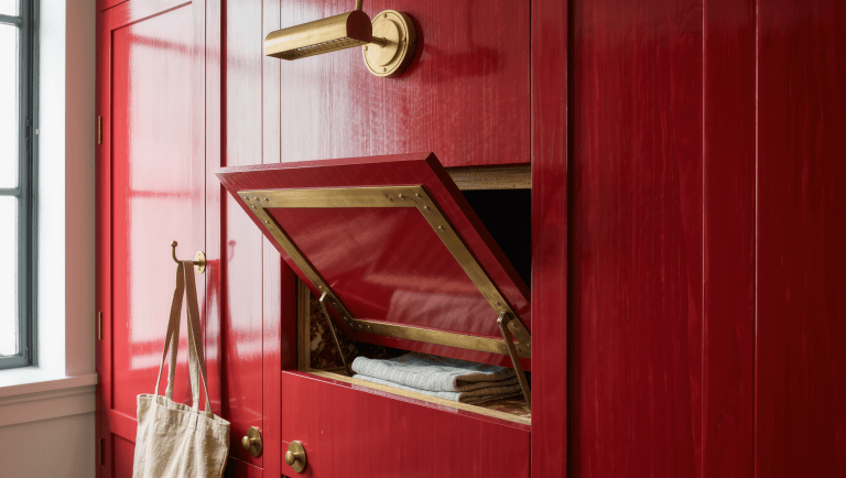 A hinged brass-trimmed access panel built into a hallway wall beside a marble shelf
