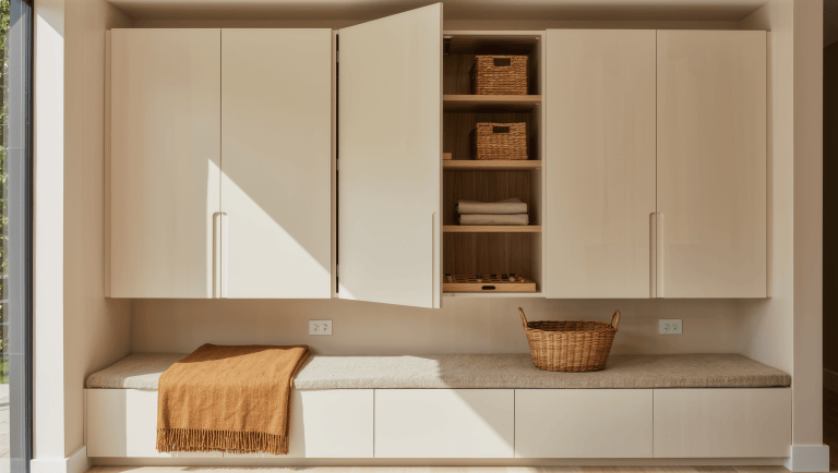 A daylight living room wall of flush oat-colored storage panels, one swung open to reveal organized shelves of baskets and games.