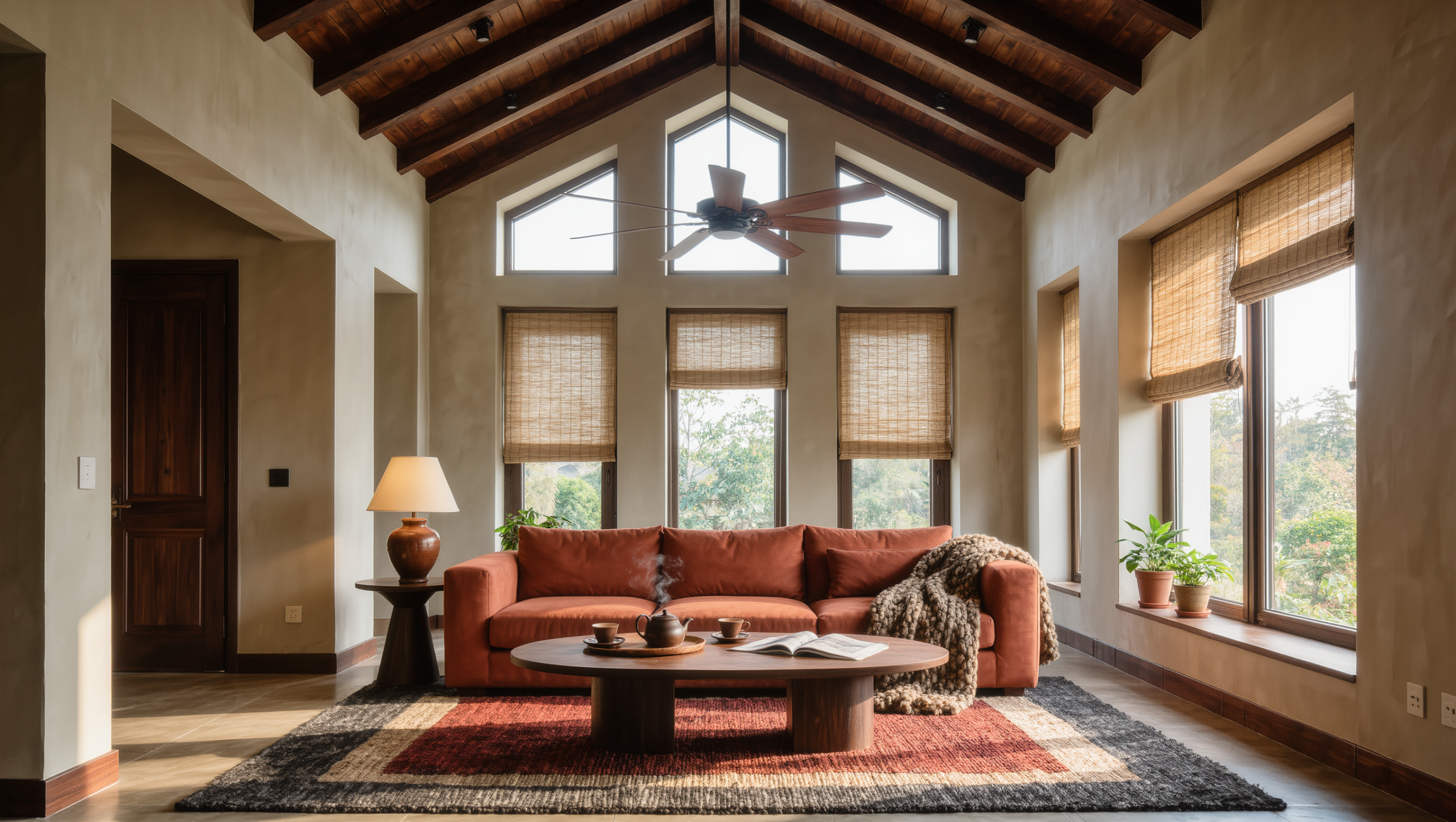 A high-ceilinged living room with a ceiling fan, linen roman shades, and a terracotta sofa layered with a wool throw.