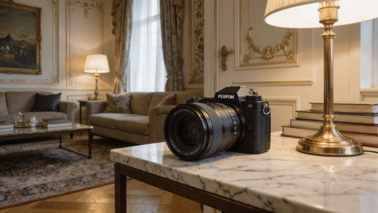 A camera resting on a marble side table facing a room corner where the sofa and rug appear smaller than they are, beside a brass floor lamp.