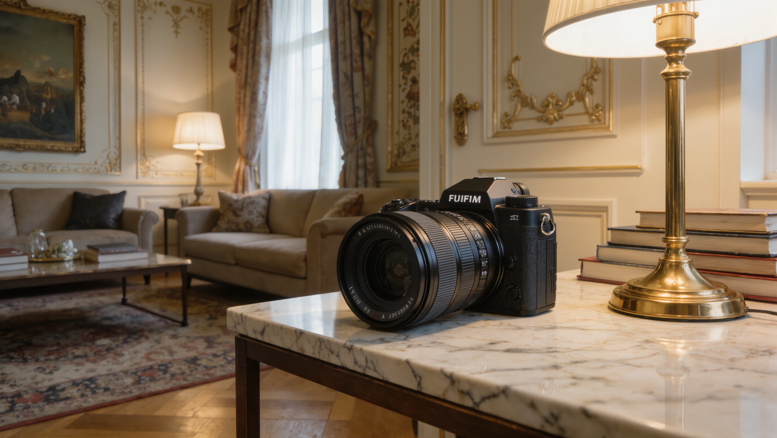 A camera resting on a marble side table facing a room corner where the sofa and rug appear smaller than they are, beside a brass floor lamp.