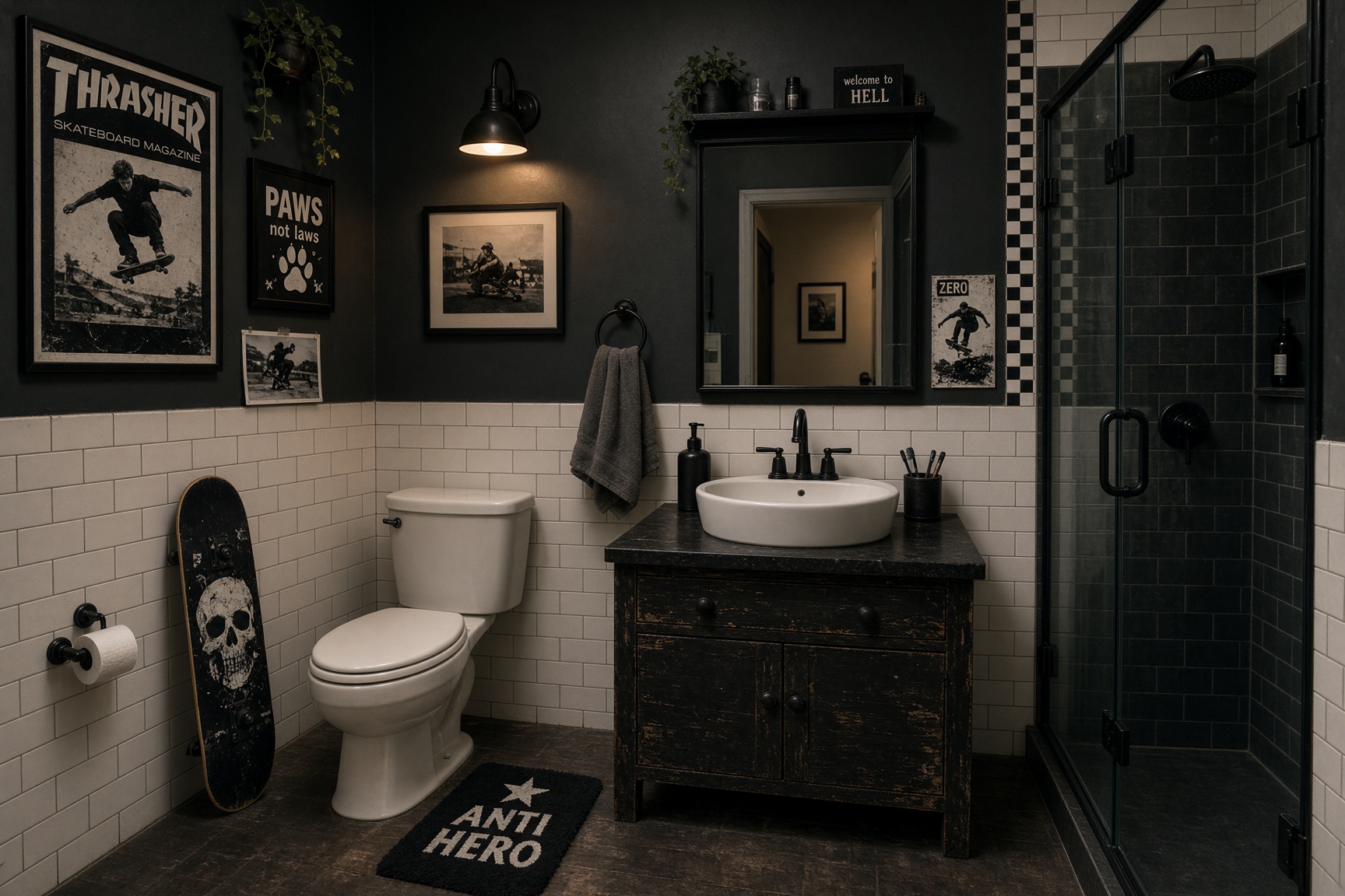 Indie-style bathroom with layered decorative details