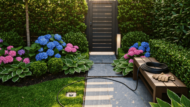 A lush garden border of hydrangea and hosta with a slim drip line just visible under mulch, a flagstone path, and fresh morning sunlight.