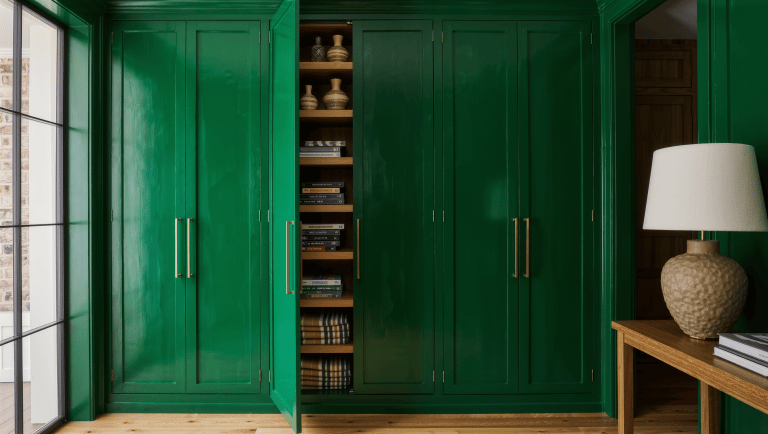 Wall of deep green closed cabinetry with brass hardware, one tall door open to reveal crowded shelves inside.