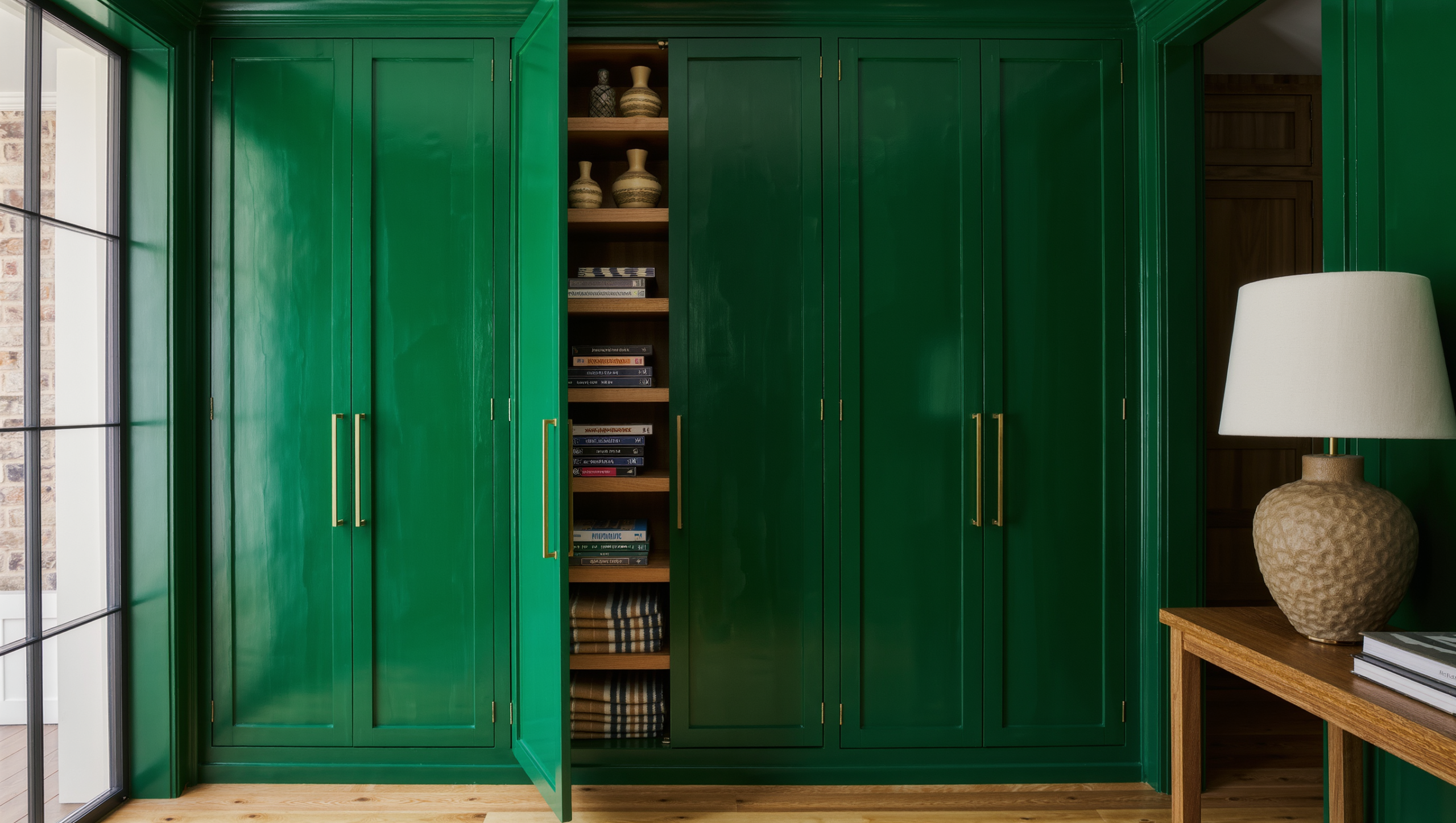 Wall of deep green closed cabinetry with brass hardware, one tall door open to reveal crowded shelves inside.