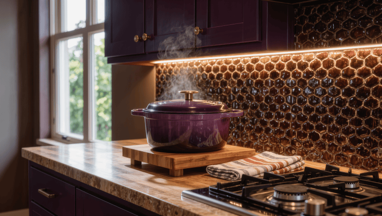 Clear butcher-block landing space beside a small hob, with a dutch oven just set down on a trivet and aubergine cabinets