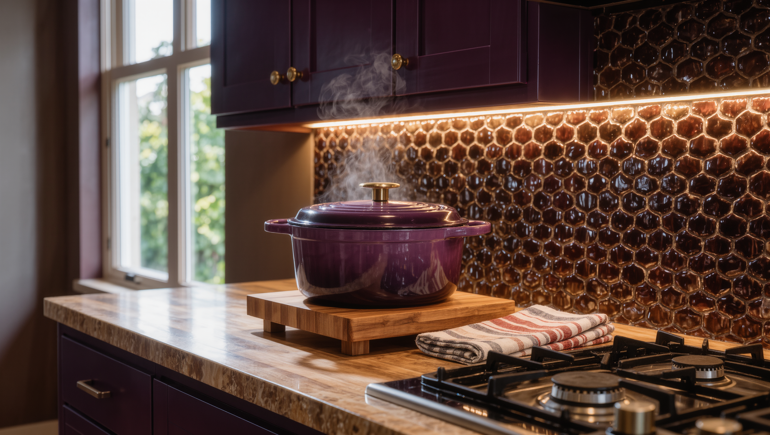 Clear butcher-block landing space beside a small hob, with a dutch oven just set down on a trivet and aubergine cabinets