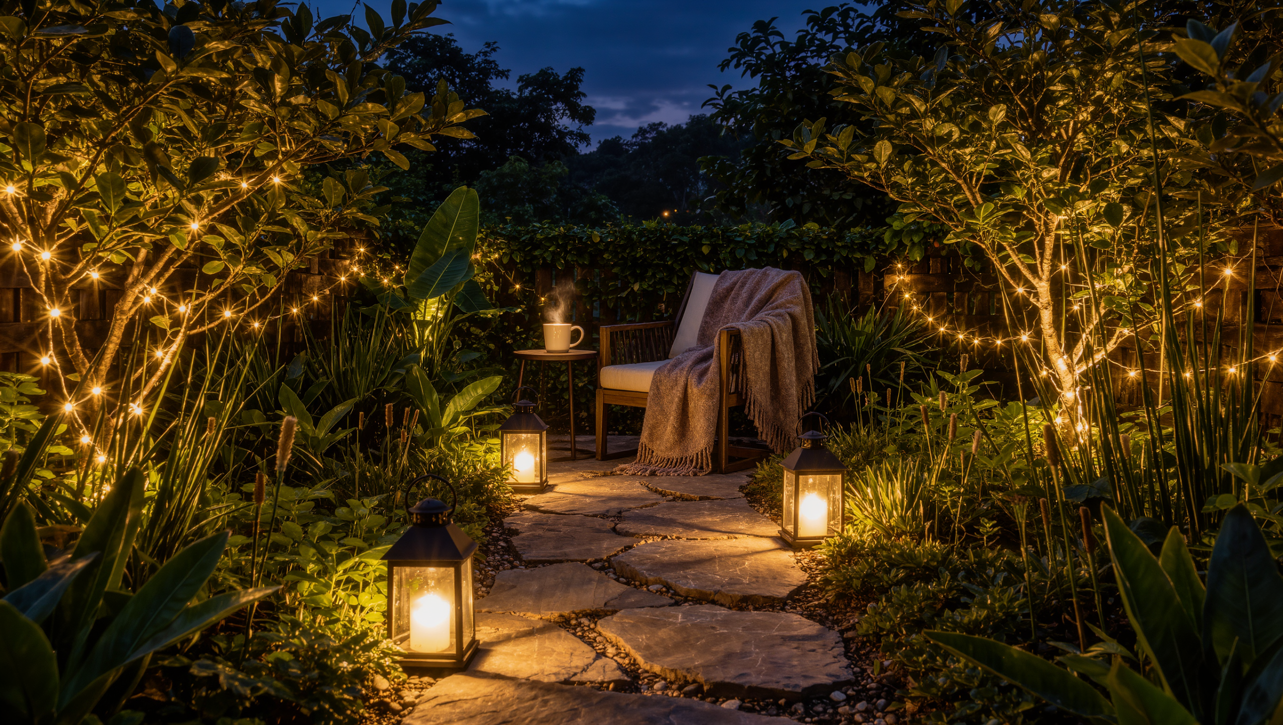 Garden path at night lined with small enclosed lanterns and low string lights, leading to an outdoor seating area with a wool blanket thrown over a chair.