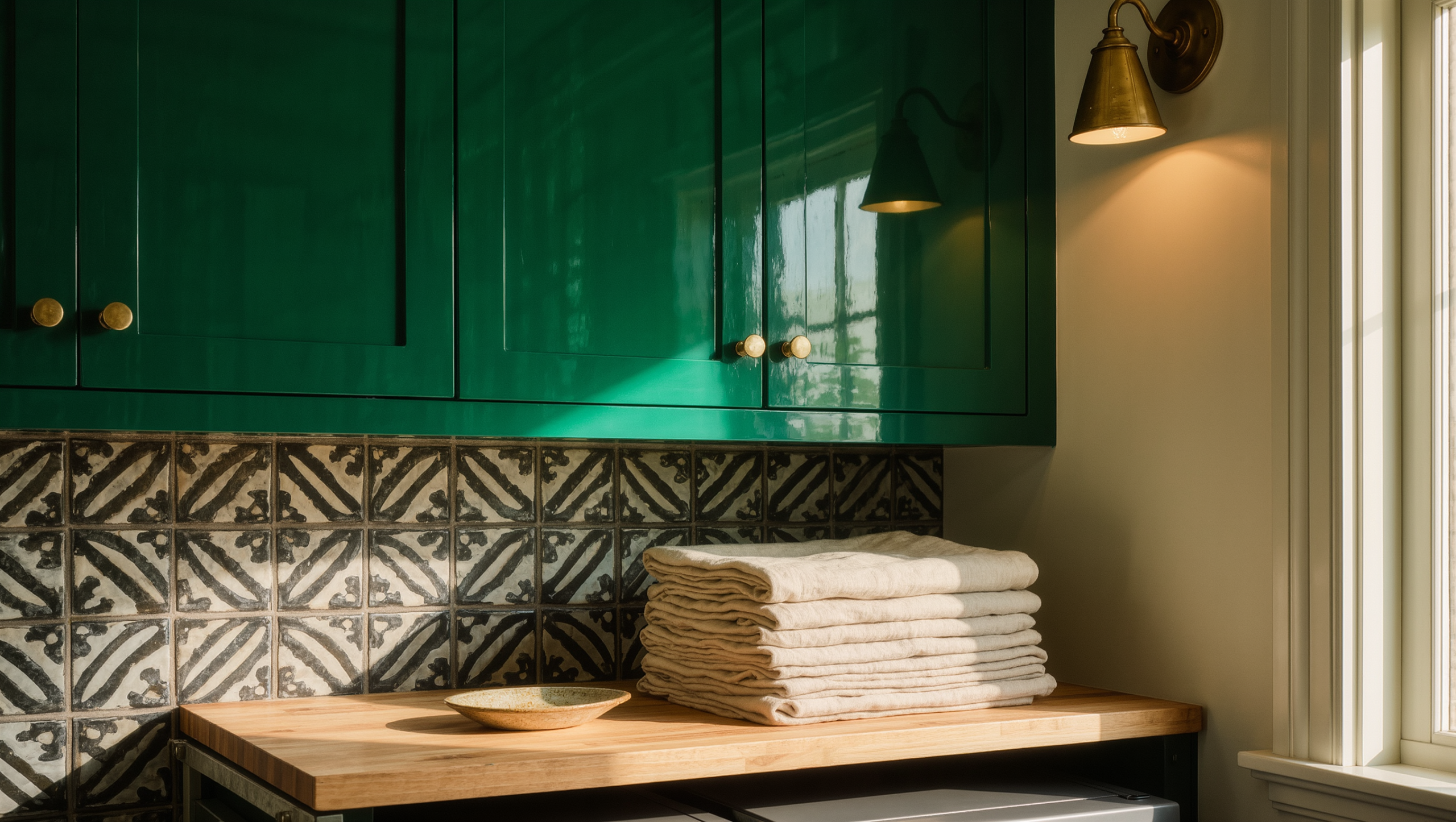 Glossy deep-green laundry room cabinetry with brass pulls above a wood folding counter.