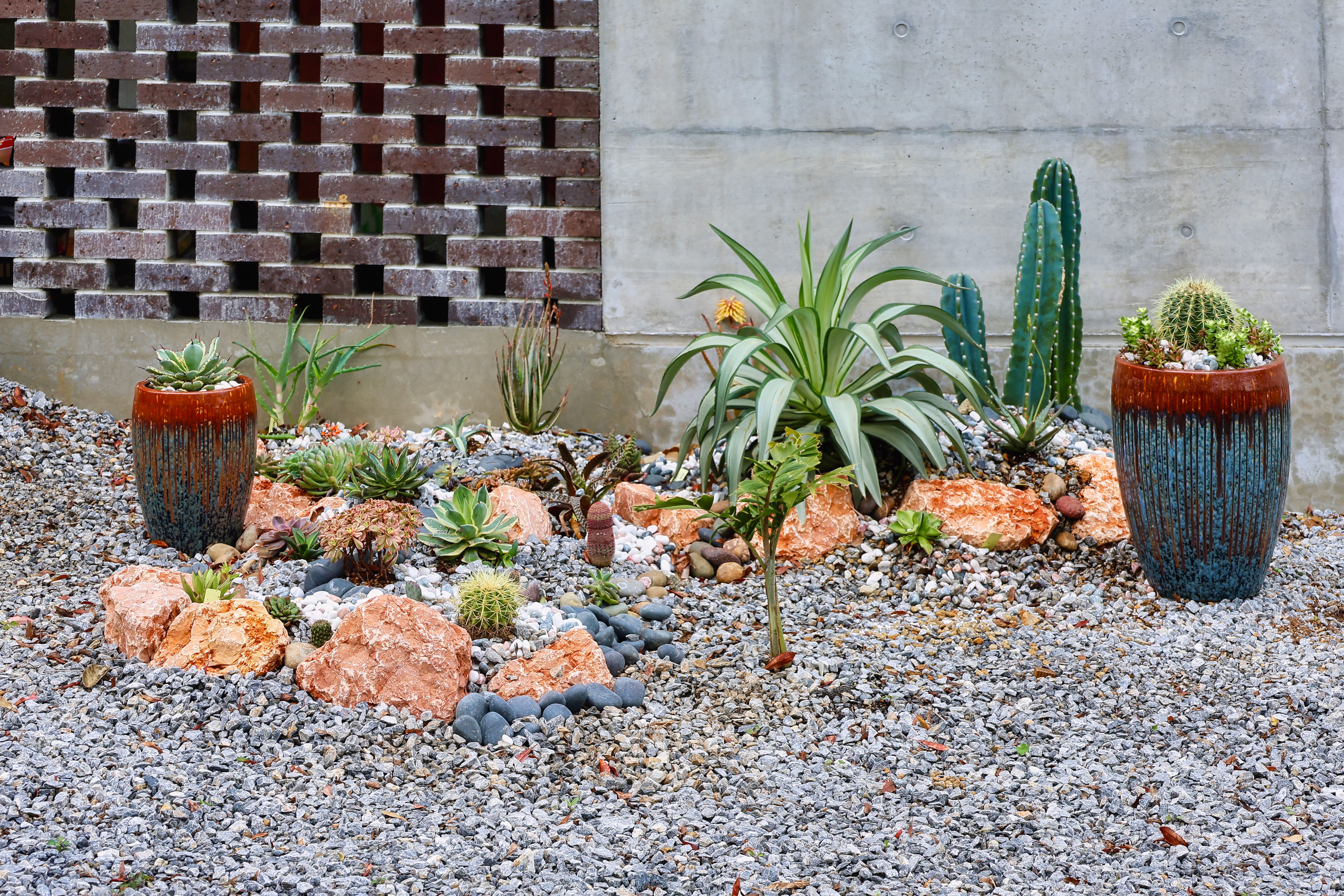 A richly composed xeriscape bed of clustered succulents, agave, and barrel cacti in glazed terra cotta pots set into a deep gravel bed against a textured stone wall.