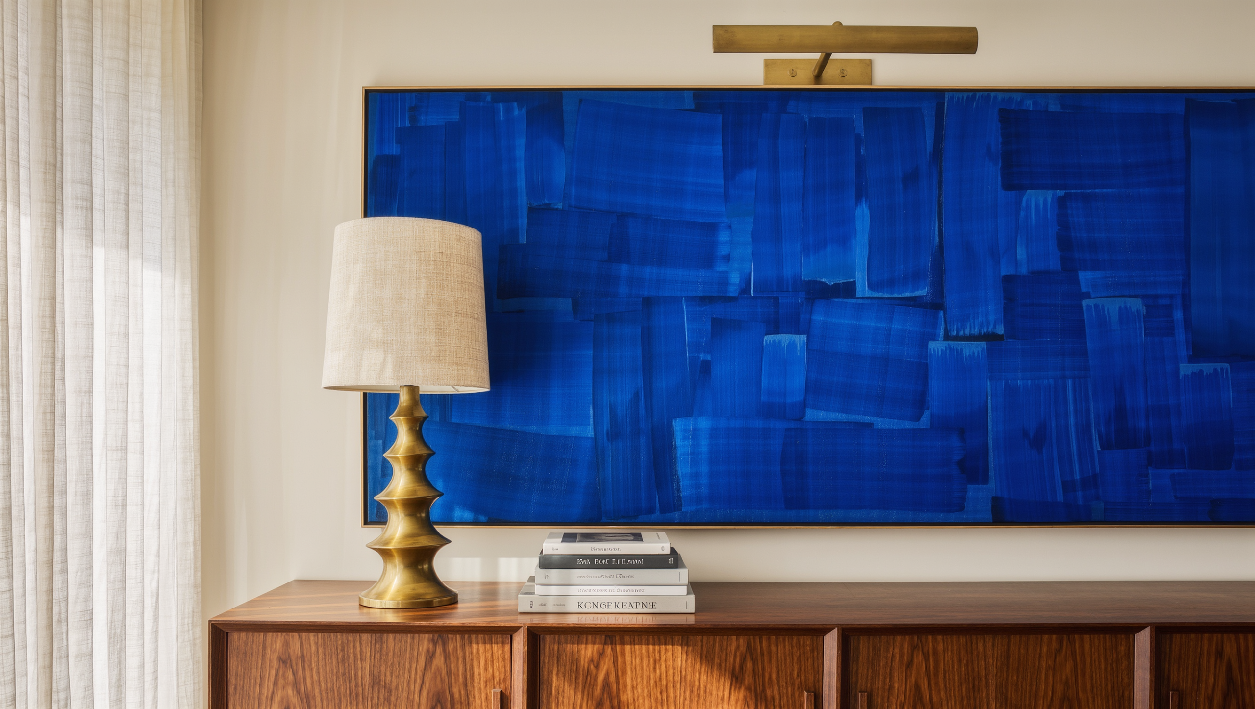 A walnut console with a sculptural brass table lamp and a brass picture light illuminating an abstract painting.