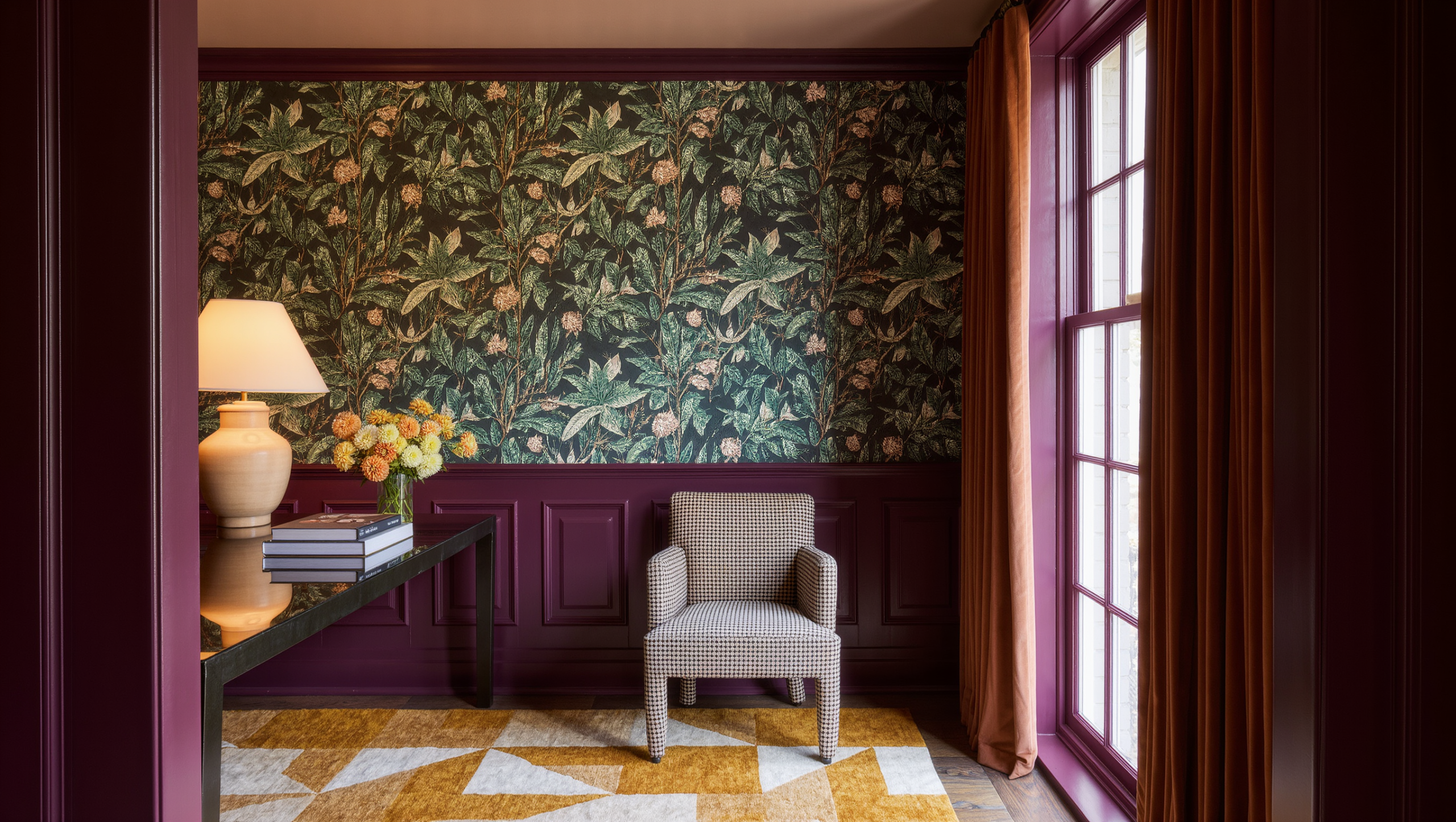 A sitting room with botanical wallpaper over plum wainscoting, a striped armchair, geometric ochre rug, and calm velvet curtains in daylight.